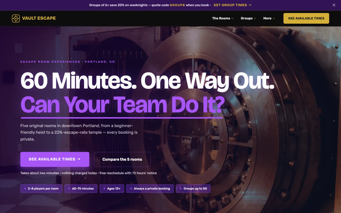 Vault Escape Experiences website